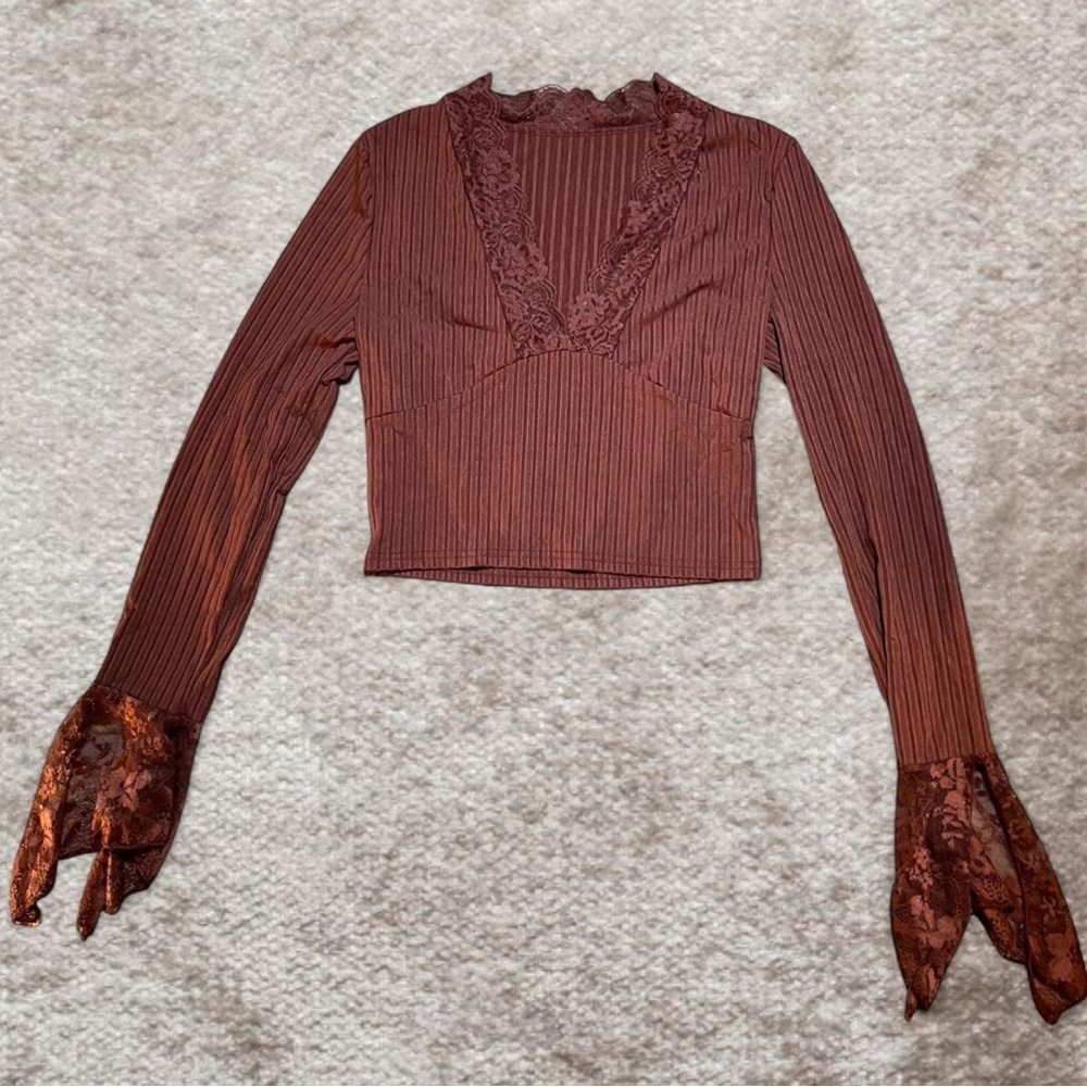 SHEIN Brown Lace Sleeve Blouse